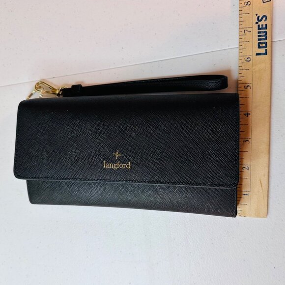 Langford Saint Jasmine Saffiano Black Wristlet Tri-fold Wallet With Gold Accents - Picture 4 of 15